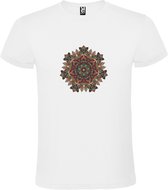 Wit T-shirt met Grote Mandala in Donker Rood, Bruin en Blauwe kleuren size 3XL