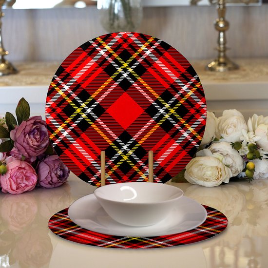Velvet textile placemat rond met hout Kerst rode tartan 2 stuks