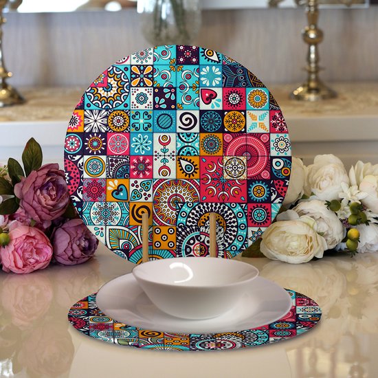 Placemat -Velvet textile met hout - Multi patroon - 2 stuks - 33 cm - Onderlegger