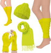 Carnaval voordeelpakket Neon Geel | Muts | Sjaal | Vingerloze handschoenen | Beenwarmers | Sokken | 5 stuks |Carnavalskleding heren | Carnavalskleding dames | Apollo