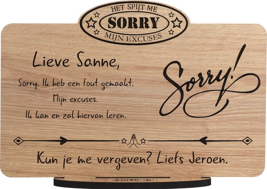 Sorry - gepersonaliseerde houten wenskaart - kaart van hout om