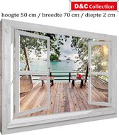 D&C Collection - buiten canvas om houten frame gespannen - 70x50x2 cm - doorkijk - Wit luxe venster - Thais houten vlonderterras - tuin decoratie - tuinposters buiten - tuinschilderij