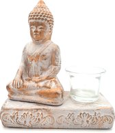 Boeddha Theelichthouder - Met Glas - 16 x 8 x 18 cm - Boeddha Beeld - Buddha Beeldje - Waxinelichthouder