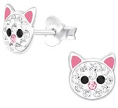 Joy|S - Zilveren kat oorbellen - 7 mm - wit roze poes oorknoppen met kristal