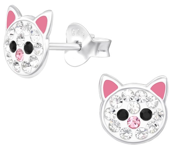 Joy|S - Zilveren kat oorbellen - 7 mm - wit roze poes oorknoppen met kristal