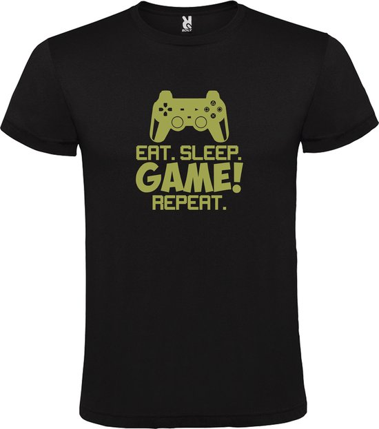 Zwart t-shirt met tekst 'EAT SLEEP GAME REPEAT' print Goud  size 3XL