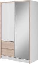 InspireMe- Zweefdeurkast Moderne slaapkamerkast met schuifdeuren, lades en spiegel Lucy (Wit / Sonoma 130 cm)