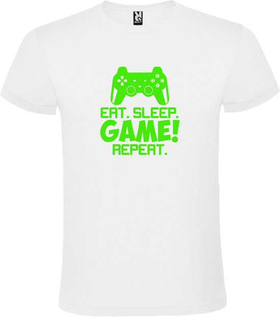 Wit t-shirt met tekst 'EAT SLEEP GAME REPEAT' print Groen  size M