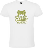 Wit t-shirt met tekst 'EAT SLEEP GAME REPEAT' print Goud size XS
