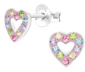 Joy|S - Zilveren hartje oorbellen - roze met kristal multicolor - 6 mm
