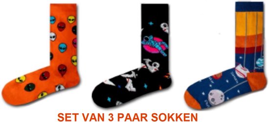Fun sokken - set van 3 paar leuke heren sokken - ruimtevaart / aliens / planeten - maat 40 tot 46 - cadeau set