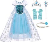 Het Betere Merk - Frozen - Prinsessenjurk - Elsa Jurk - Verkleedkleding Meisje- maat 110/116 (120) - Blauw - Handschoenen - Elsa Vlecht - Toverstaf - Tiara