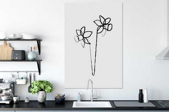 Jonquilles ligne art botanique sur fond toile 2cm 90x140 cm blanc - impression photo sur toile peinture (Décoration murale salon / chambre à coucher) / Fleurs Peintures Toile