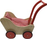 houten poppenwagen blank met rode wielen Babypoppenwagen