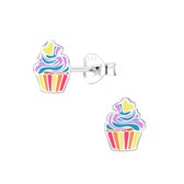 Joy|S - Zilveren cupcake oorbellen - multicolor met geel hartje - 6 x 8 mm