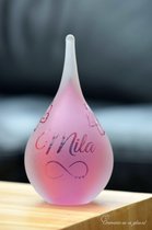Urn van glas met een door u aangegeven naam, een infinity symbool en vlinders rondom middels zandstraling- Urn Blauw met Roze-Small, 50 ml inhoud, 14 cm hoog- Voor kleine deelbestemming crematie-as-Urn Dierbare-Urn Mens-Urn Baby-Herinneringsbeeld