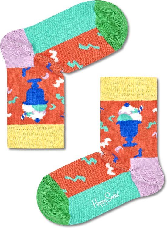 Oranje Happy Socks met een ijsjesprint in blauw, wit, groen, geel en paars. De boorden zijn geel en groen.
