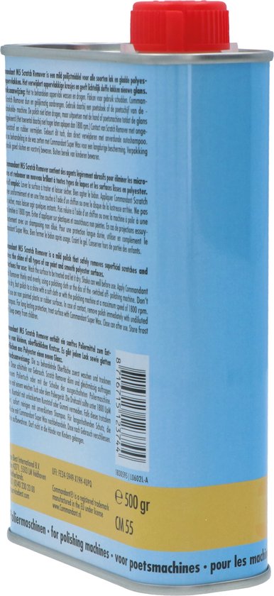 Achterkant van Commandant Scratch Remover M5 blik met productinformatie, EAN en gewicht.