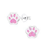 Joy|S - Zilveren kat hond dierenpoot oorbellen - poot afdruk - glitter roze met wit - 7 x 6 mm