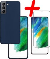 Samsung Galaxy S21 FE Hoesje Siliconen Met Screenprotector - Samsung Galaxy S21 FE Case Hoes Met Screenprotector - Donker Blauw