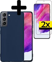 Hoesje Geschikt voor Samsung S21 FE Hoesje Siliconen Case Met 2x Screenprotector - Hoes Geschikt voor Samsung Galaxy S21 FE Hoes Siliconen - Donkerblauw