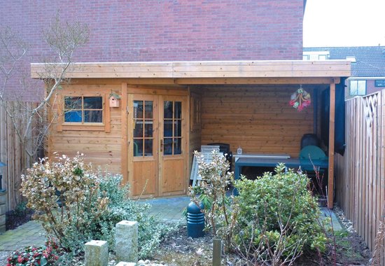 Interflex tuinhuis met overkapping - blokhut - geïmpregneerd hout - inclusief dakbedekking - 500 x 250 cm - 2556Z