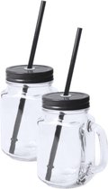 10x stuks Glazen Mason Jar drinkbekers zwarte dop en rietje 500 ml - afsluitbaar/niet lekken/fruit shakes