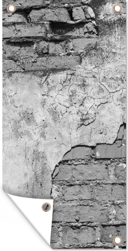 Schuttingposter Muur - Baksteen - Beton - Zwart - Wit - 100x200 cm - Tuindoek