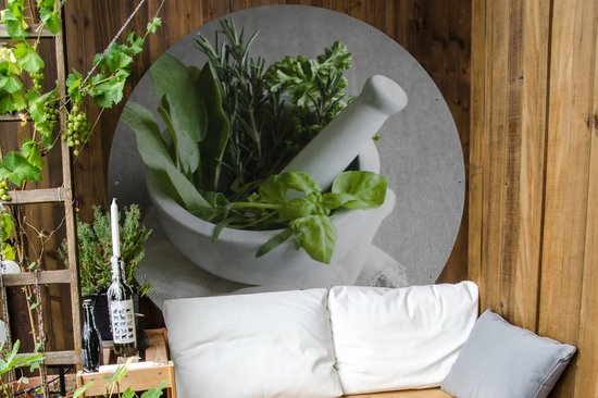 Cercle de jardin Les herbes fraîches dans un mortier - 150x150 cm - Poster de jardin rond - Extérieur