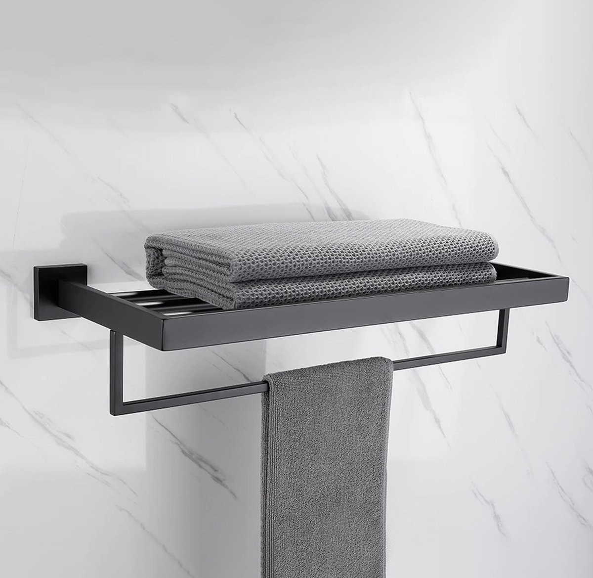 BeBetter Handdoekenrek | Handdoek Droogrek - 2-laags - Rekje bovenop - Zwart - Badkamerrek - Towel hanger