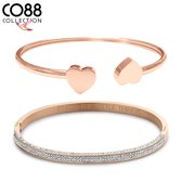 CO88 Collection 8CO-SET102 Stalen Sieraden Set - Dames - 2 Armbanden - Bangles - Kristal - Hartjes - One size (58 x 49 x 4 mm) - Staal - Rosegoudkleurig