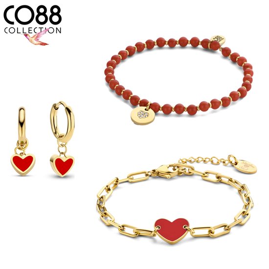 CO88 Collection 8CO-SET108 Stalen sieraden Set - Dames - 2 Armbanden - 19 cm - Rode Steen - Oorringen - 12 mm - Hartje - Emaille - Staal - Rood - Goudkleurig