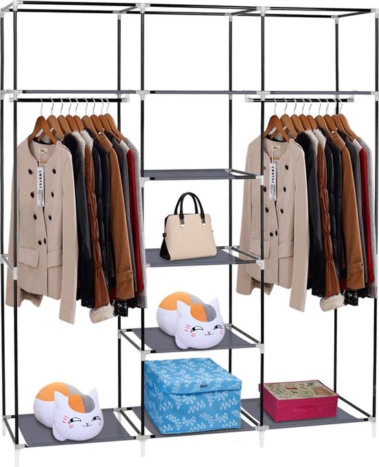 KM2B XXL opvouwbare kledingkast - Opbergkast - Campingkast - stalen frame met 200KG draagkracht - Stoffen garderobekast - 9 opslag planken en 2 ophangstangen - ruimtebesparende kleerkast - bruin - 150x45x175CM — afbeelding 5