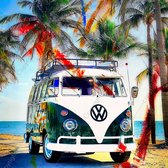 JJ-Art (Canvas) | VW Volkswagen California bus op strand, abstract - woonkamer | klassieke auto, oldtimer, camper, palmbomen, groen, rood, geel, blauw, vierkant | Foto-Schilderij p