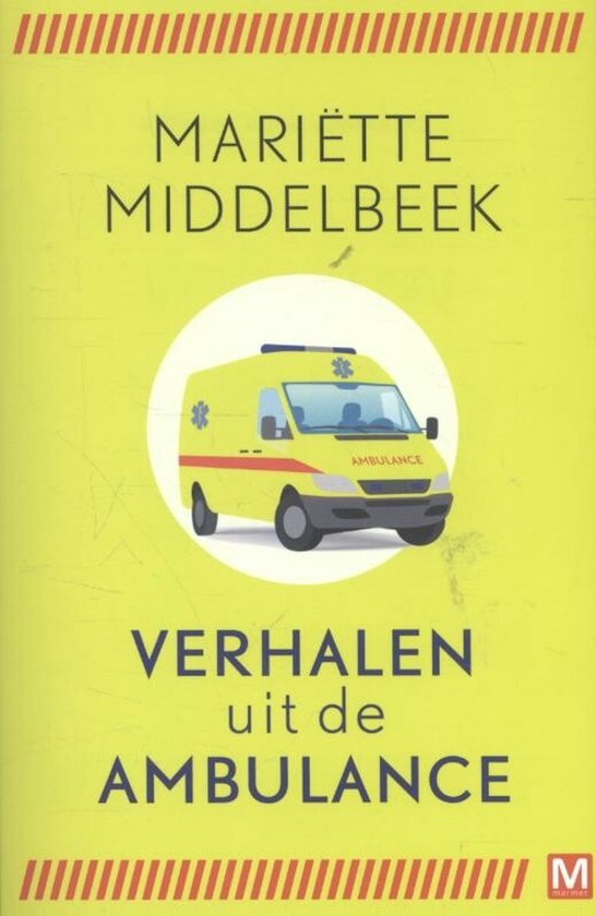 Boek 'Verhalen uit de ambulance' met een gele ambulance op een gele achtergrond.