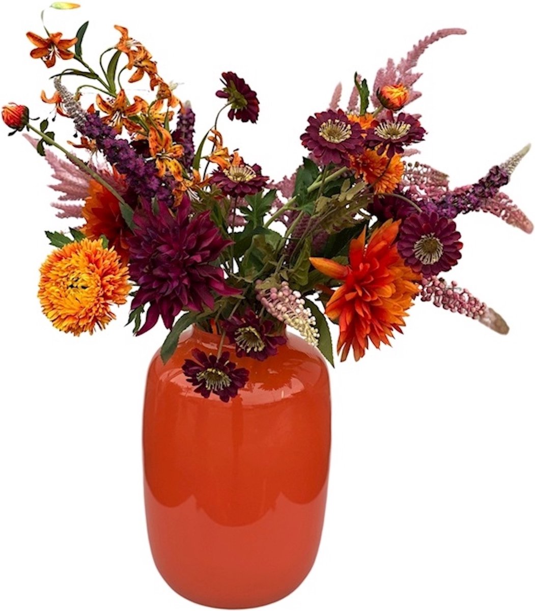 Lucy’s Living Luxe Vaas ARTIC Oranje – M Ø25 x H35 cm – hotel chique - binnen ––– accessoires – tuin – decoratie – bloemen – mat – glans – industrieel - droogbloemen