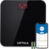 Loftilla Digitale personenweegschaal, personenweegschaal met app, personenweegschaal met BMI-functie, weegschaal met led en step-on-technologie, 180 kg, zwart