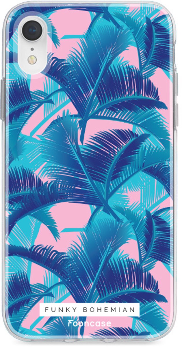 Fooncase Hoesje Geschikt voor iPhone XR - Shockproof Case - Back Cover / Soft Case - Funky Bohemian / Blauw Roze Bladeren