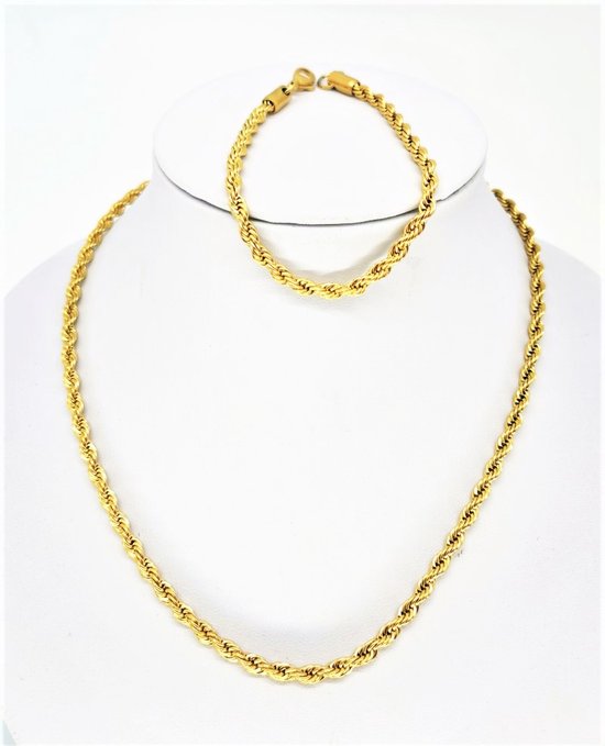 Prachtige - set - RVS - Goudkleurig - ketting L 45 met armband -L 17 cm - gedraaide koord motief.