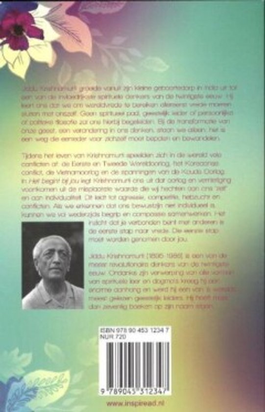 Boekomslag met portret van Jiddu Krishnamurti en decoratieve bladeren, met Nederlandse tekst.