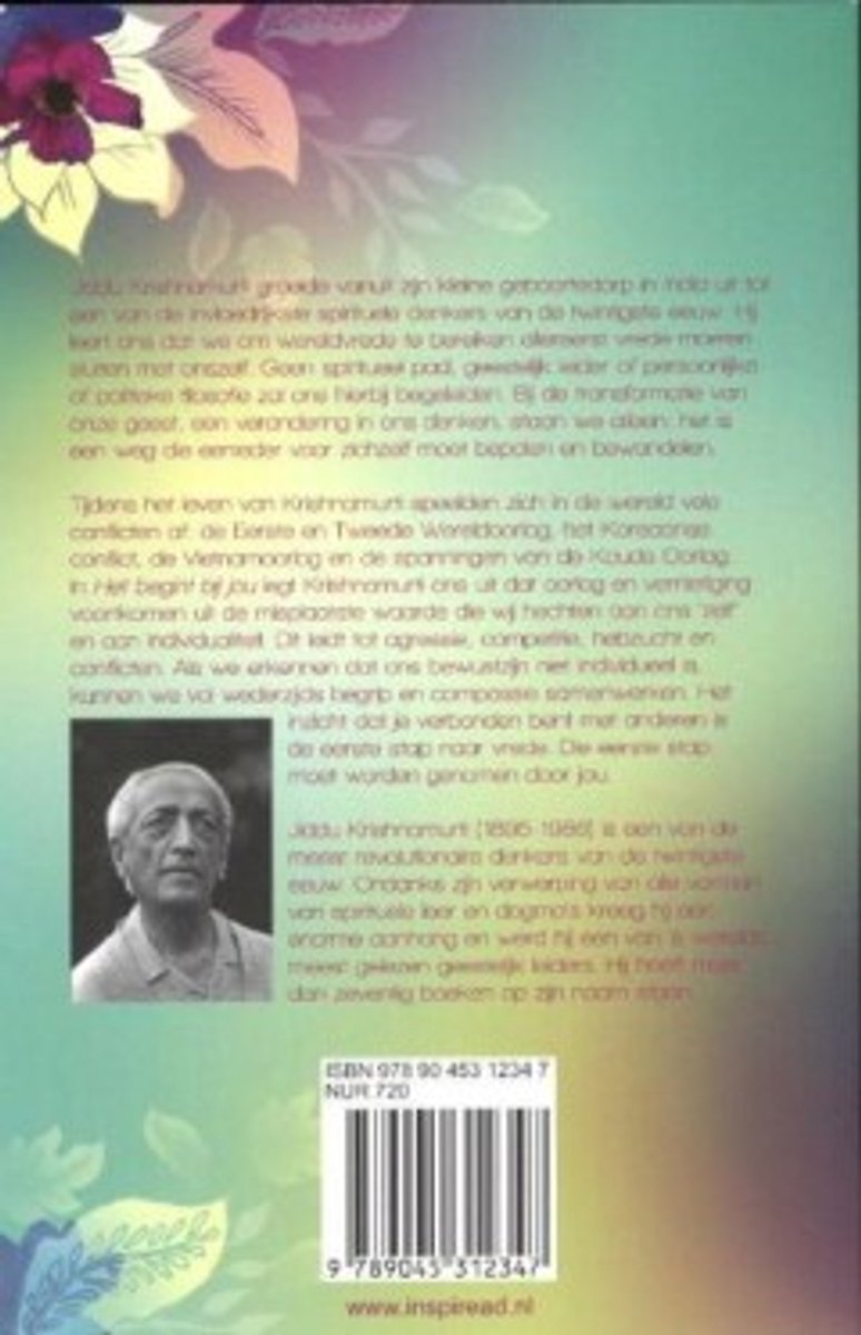 Boekomslag met portret van Jiddu Krishnamurti en decoratieve bladeren, met Nederlandse tekst.