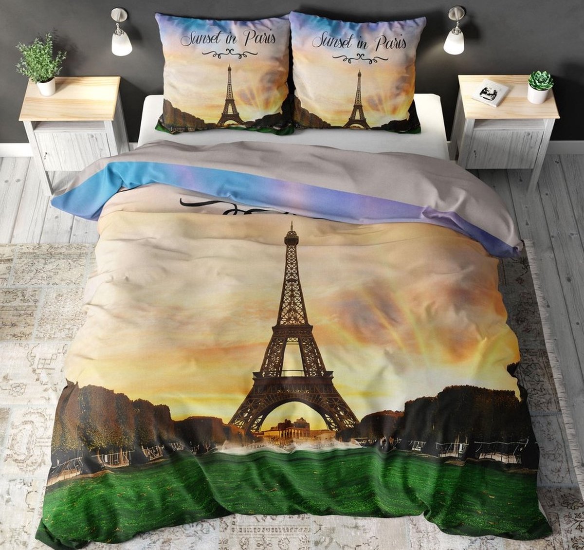 Lits-jumeaux dekbedovertrek (dekbed hoes) “sunset in Paris” met zonsondergang bij de Eiffeltoren in de Franse stad Parijs (Frankrijk) GEMENGD KATOEN 240 x 220 cm (cadeau idee slaapkamer!)