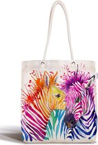 Schoudertas dames met rits - Gekleurde Zebras - Canvas 45x50 - Strandtas - Shopper tas - Dames tassen - Zomer - Hobby