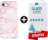 Backcover Marmerlook Hoesje iPhone 8 Roze - Gratis Screen Protector - Telefoonhoesje - Smartphonehoesje