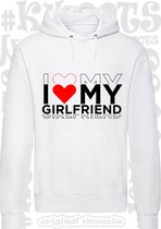 I LOVE MY GIRLFRIEND heren hoodie - Wit - Maat M - lange mouwen - Met capuchon en steekzakken - leuke hoodies - quotes - kwoots - Valentine - Valentijnsdag