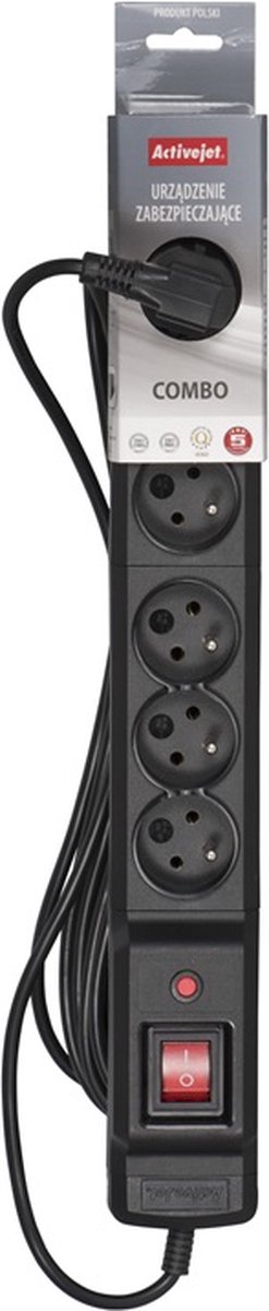 ActiveJet COMBO 6GN 3M Black Power Strip met snoer.