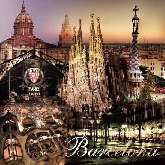 Dibond - Stad / Barcelona - Collage in beige / wit / zwart / rood - 50 x 50 cm.