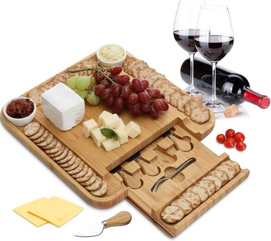 Kicinn Borrelplank Incl. Kaasmesjes, Vorkjes, schaaltjes en extra Serveerplank - Tapasplank Hout - Kaasplank - Serveerplank - Bamboe (Inklapbaar