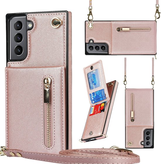 Coque de téléphone rose doré avec portefeuille et fermeture éclair, montrée sous différents angles.