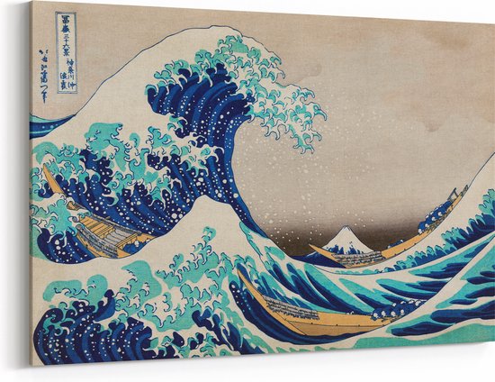 Schilderij op Canvas - 60 x 40 cm - De grote golf van Kanagawa - Kunst - Katsushika Hokusai - Wanddecoratie - muurdecoratie woonkamer - Slaapkamer - Woonkamer